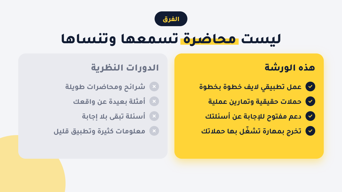 الفرق بين هذه الورشة والدورات النظرية
